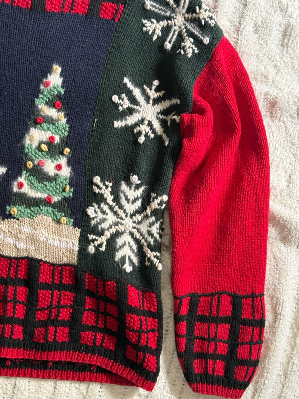 Talbots Blue Red Christmas Sweater Reindeer Snowflake Patchwork Size Medium - Picture 4 of 14